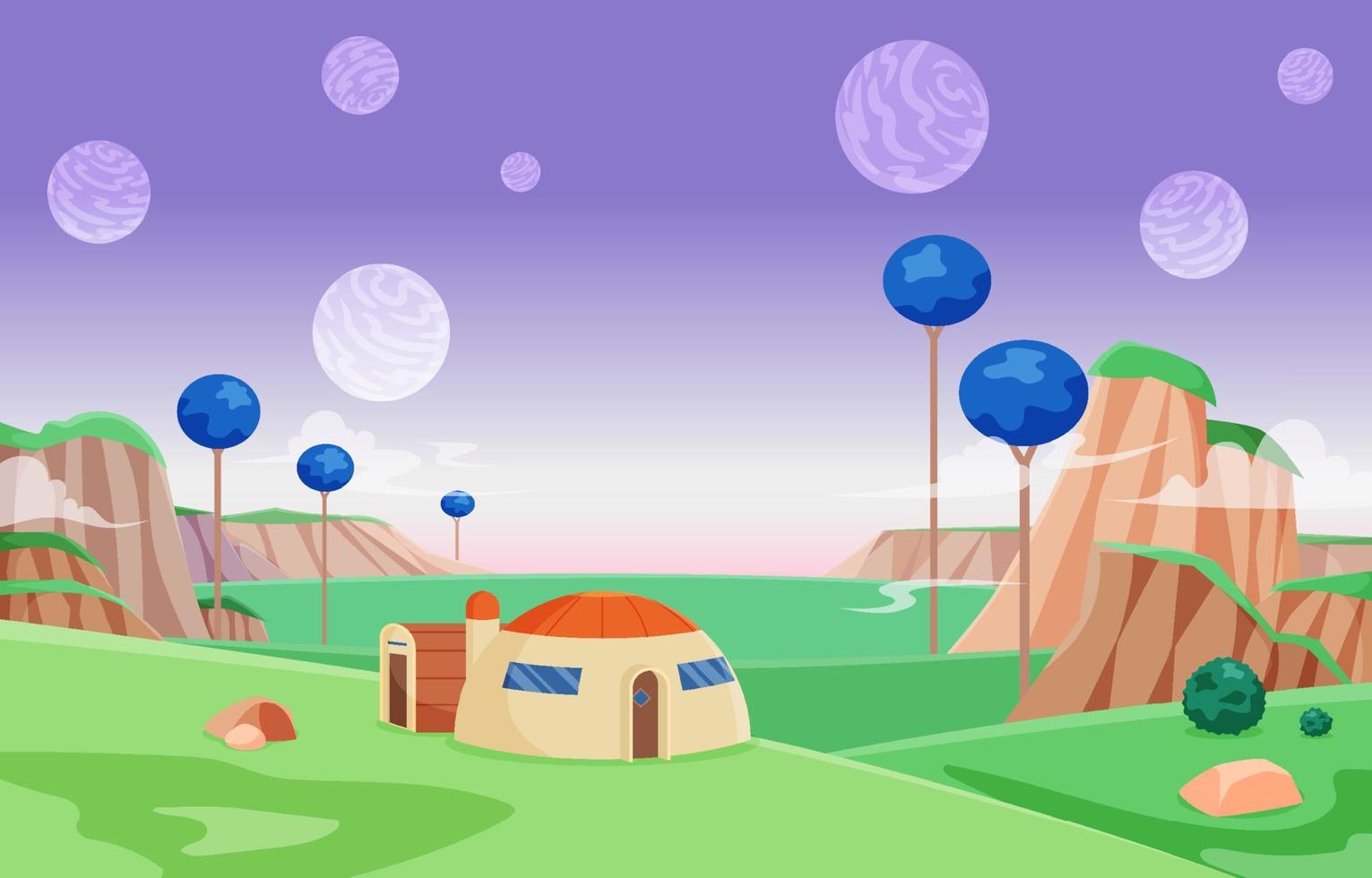 campo de batalha natureza panorama com cúpula casa e planetas fundo vetor