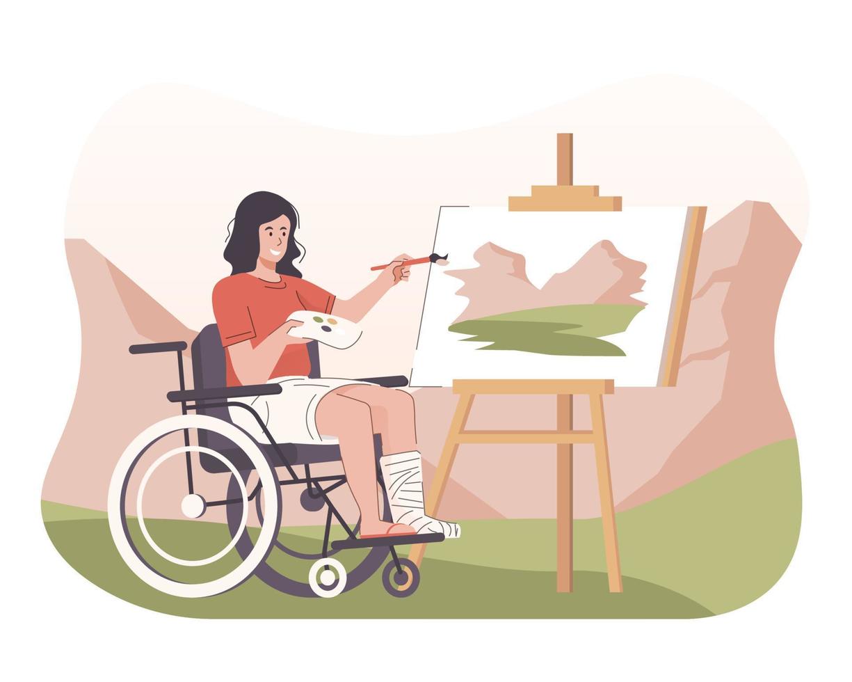 Desativado mulher dentro cadeira de rodas pintura panorama vetor