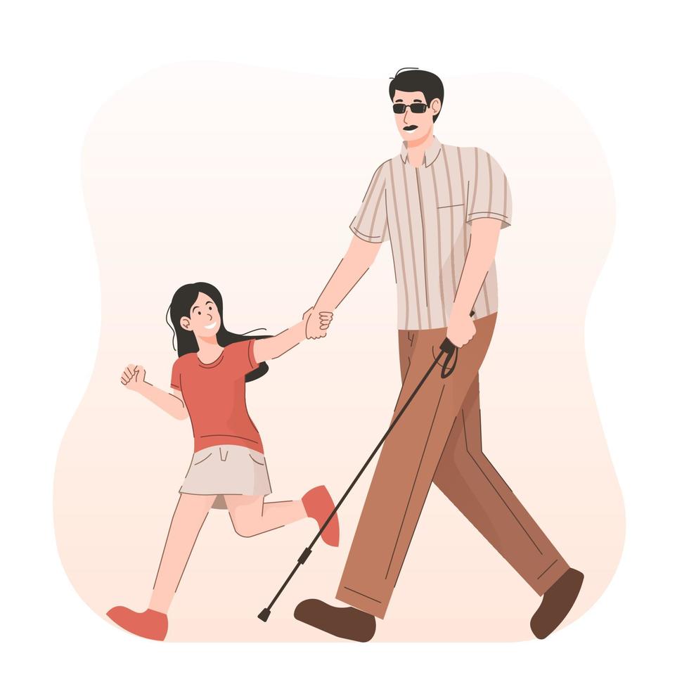 menina ajudando cego pessoa com grandes bengala em rua vetor
