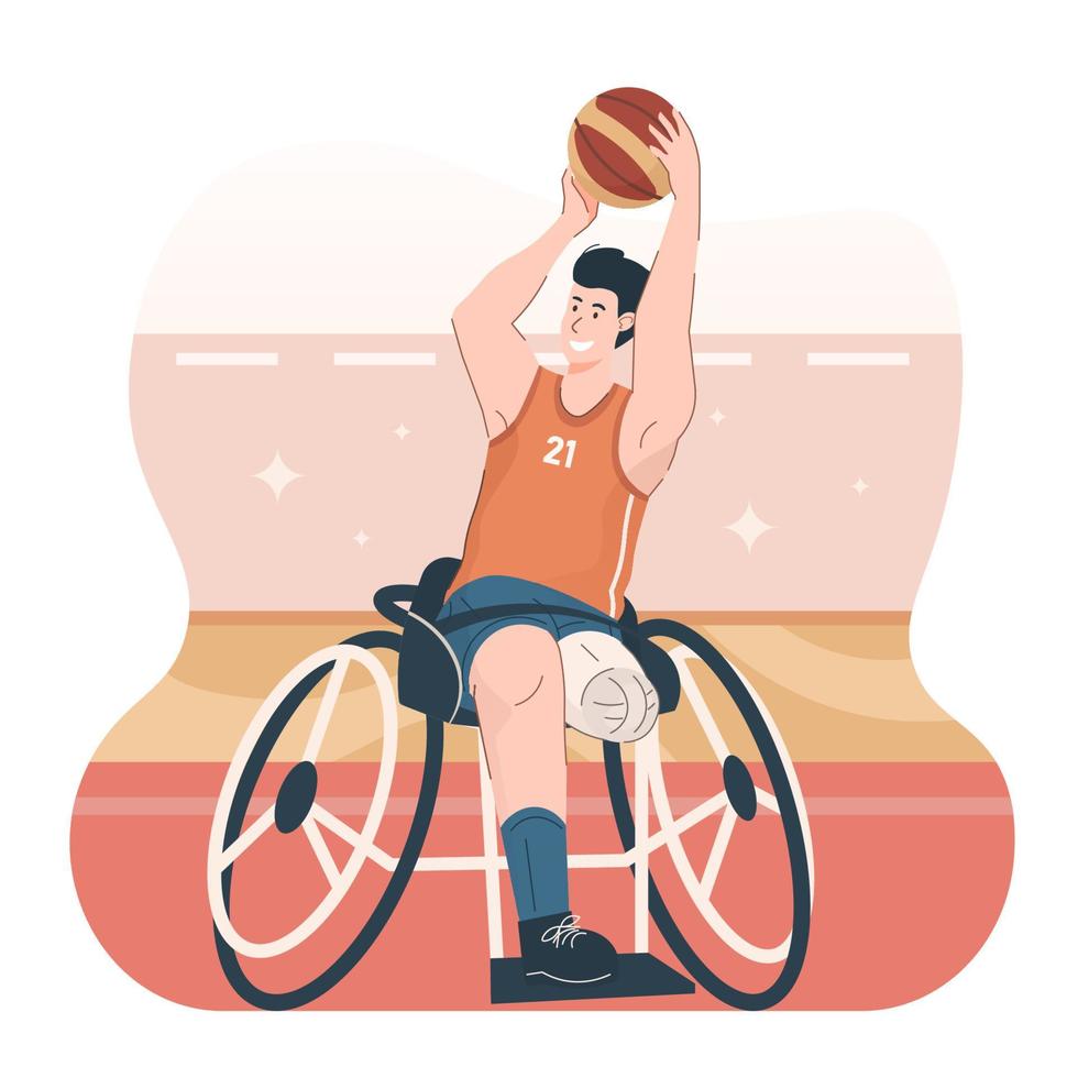 Desativado homem dentro cadeira de rodas jogando basquetebol. paralímpico atleta dentro estádio vetor