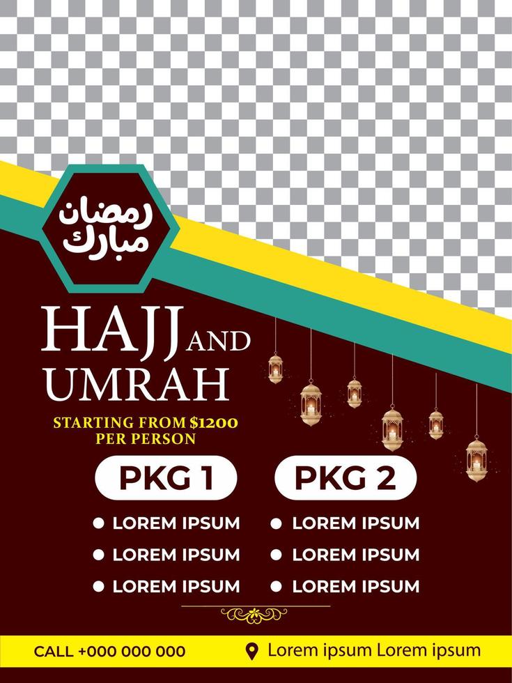 hajj e umrah luxo pacote folheto, Ramadã kareem folheto modelo islâmico folheto postar árabe caligrafia, cumprimento cartão celebração do muçulmano comunidade festival, tradução a mês do jejum vetor