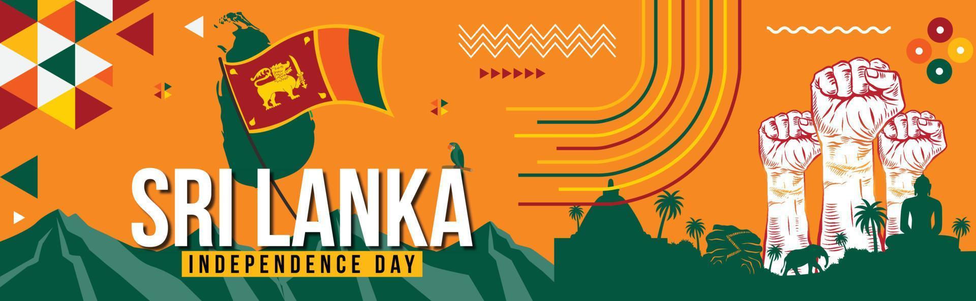 sri lanka nacional dia bandeira para independência dia com texto, cingalês bandeira tema colorida ícones e natureza panorama. abstrato geométrico bandeira para a nacional dia do sri lanka vetor Projeto