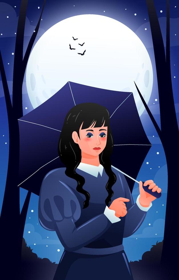 assustador Preto vestido menina com guarda-chuva vetor
