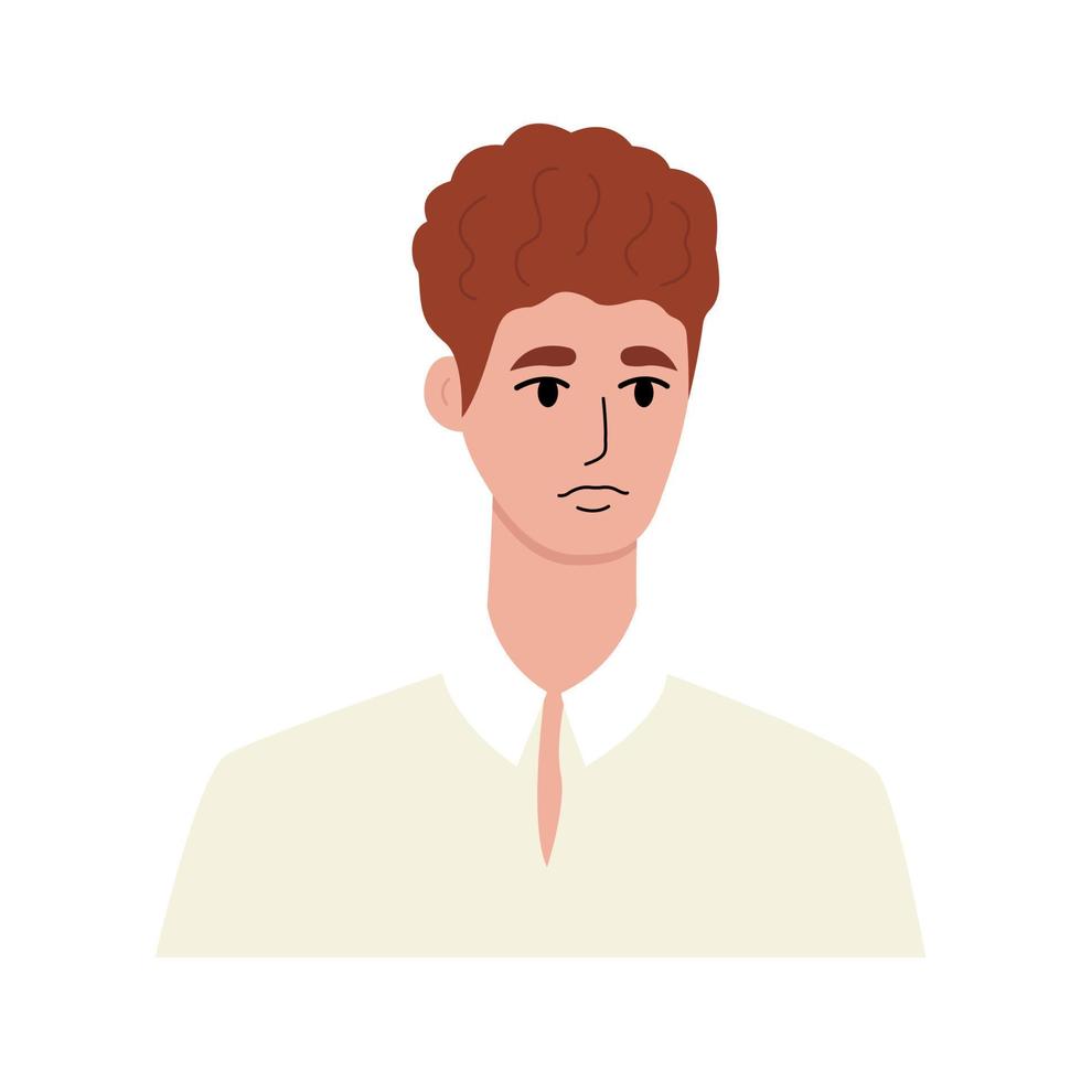 moderno jovem homem retrato plano. atraente cara com vermelho cabelo dentro a bege camisa. face, cabeça personagem retrato. mão desenhado vetor ilustração isolado em branco fundo.