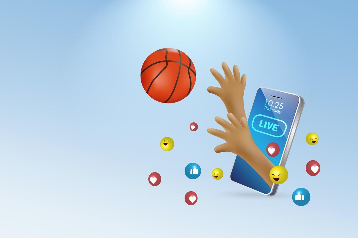 basquetebol esporte viver transmissão em móvel. basquetebol jogador mãos tiroteio bola em virtual Smartphone tela com social meios de comunicação amor e gostar ícones. 3d vetor. vetor