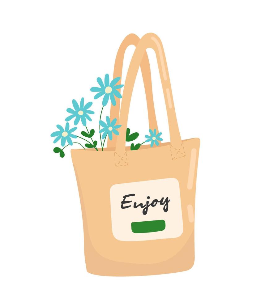 ilustração do uma comprador com flores Primavera azul flores dentro uma saco vetor