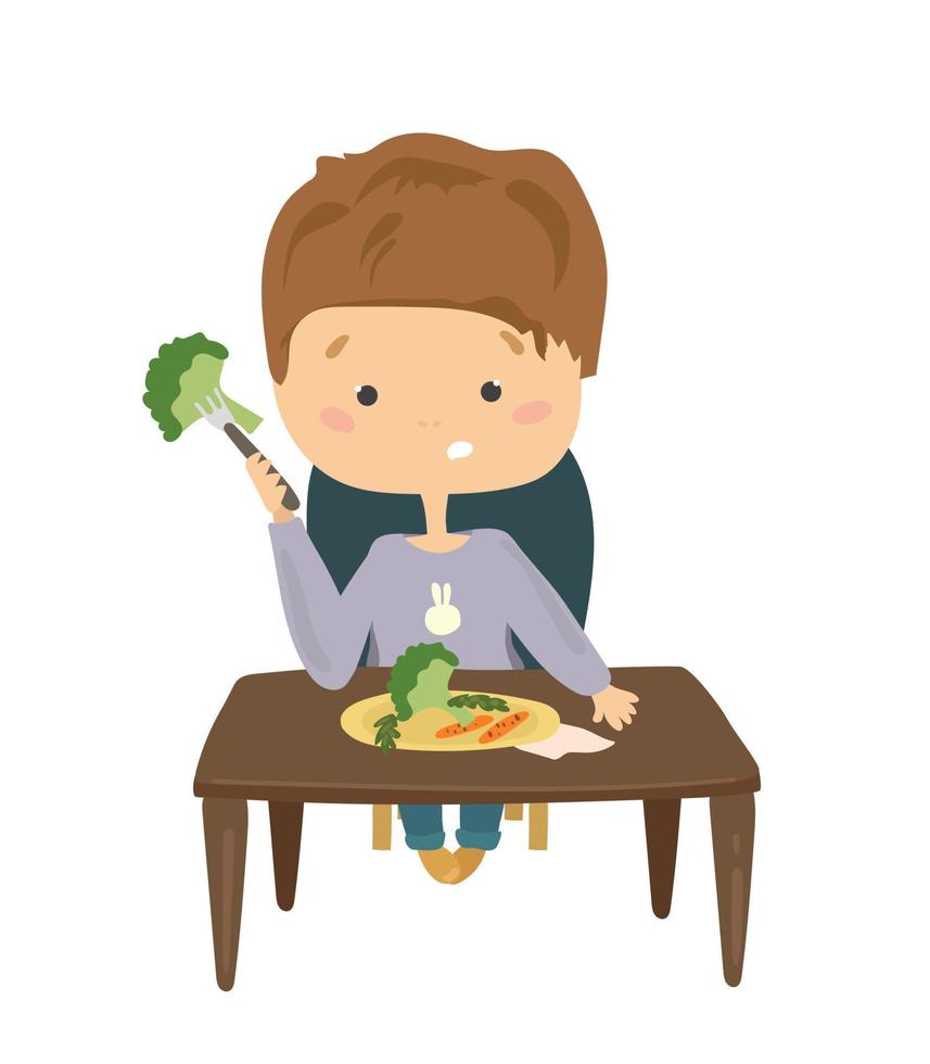 a Garoto senta às a mesa e come legumes. útil apropriado nutrição. vetor