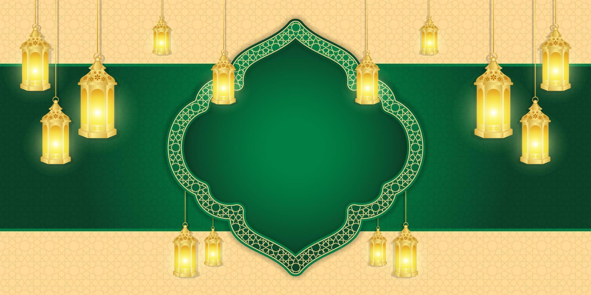 islâmico fundo para Ramadã kareem e eid Mubarak 2023. dourado e verde, com lanterna, islâmico enfeite padronizar vetor