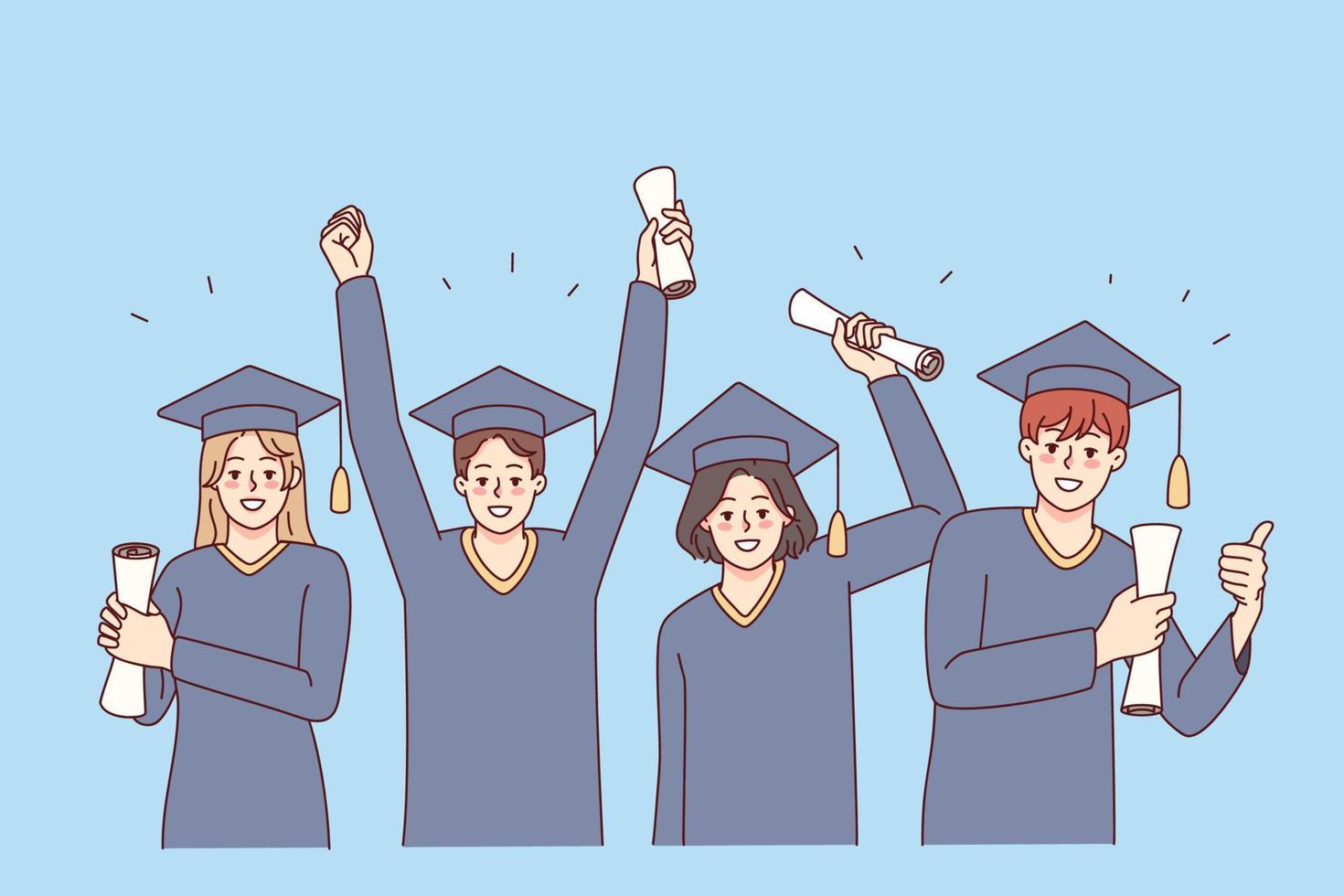 animado pessoas dentro mantos segurando diplomas comemoro Faculdade graduação. sorridente alunos em universidade grau celebração. Educação conceito. vetor ilustração.