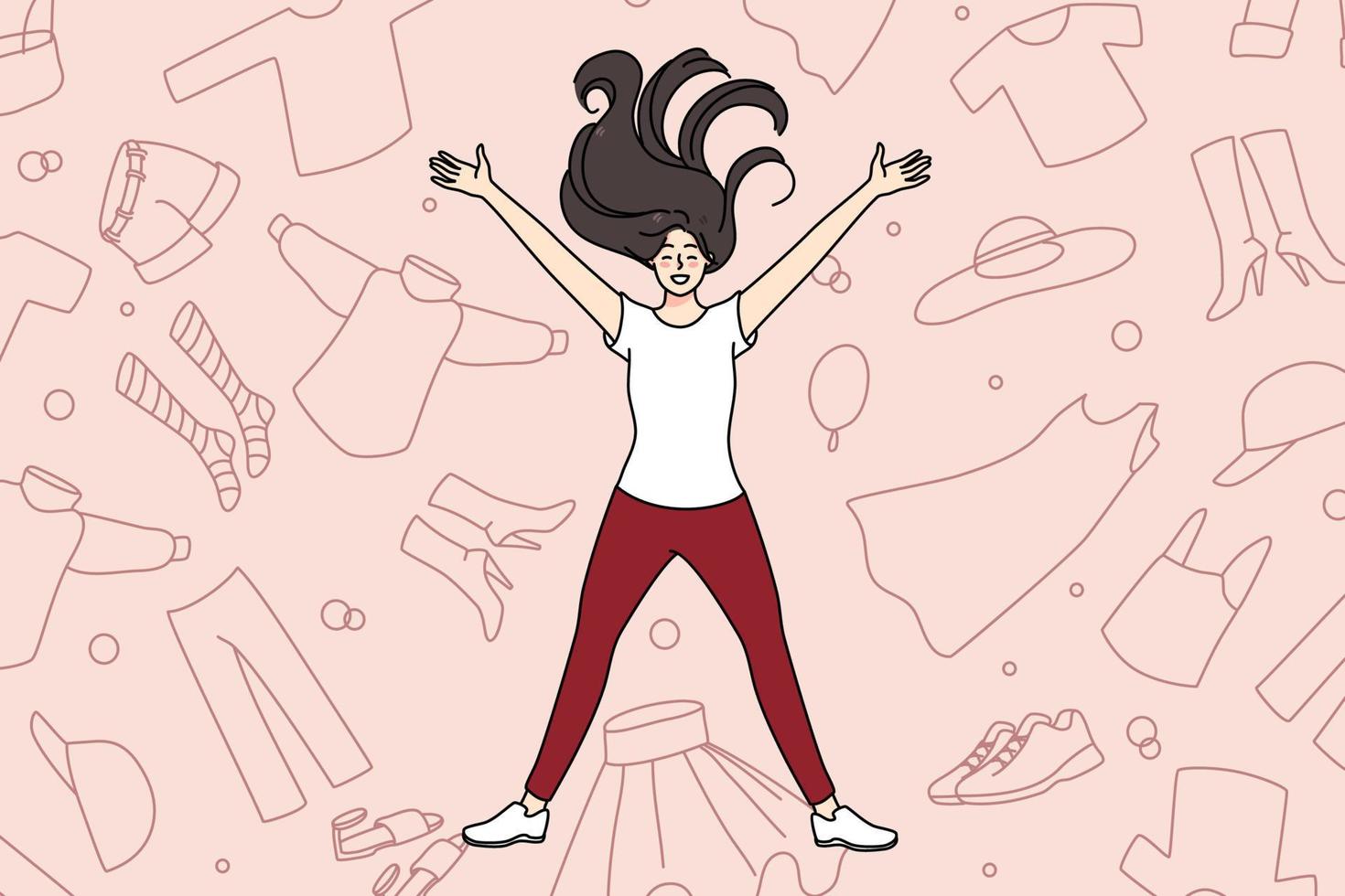 muito feliz jovem menina deitado entre roupas animado com compras e comprar. sorridente mulher viciado em compras com vestuário e vestuário. conceito do consumismo e velozes moda. vetor ilustração.