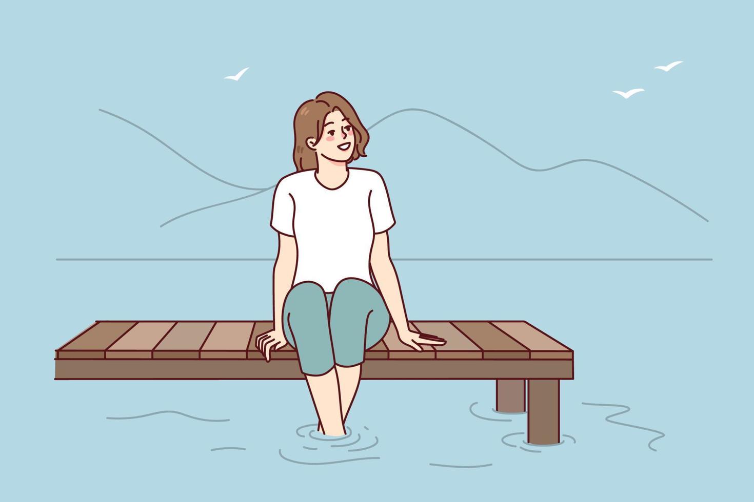 feliz mulher sentado em cais perto água apreciar verão período de férias. sorridente menina relaxante em ponte em rio desfrutando feriados. vetor ilustração. . vetor ilustração
