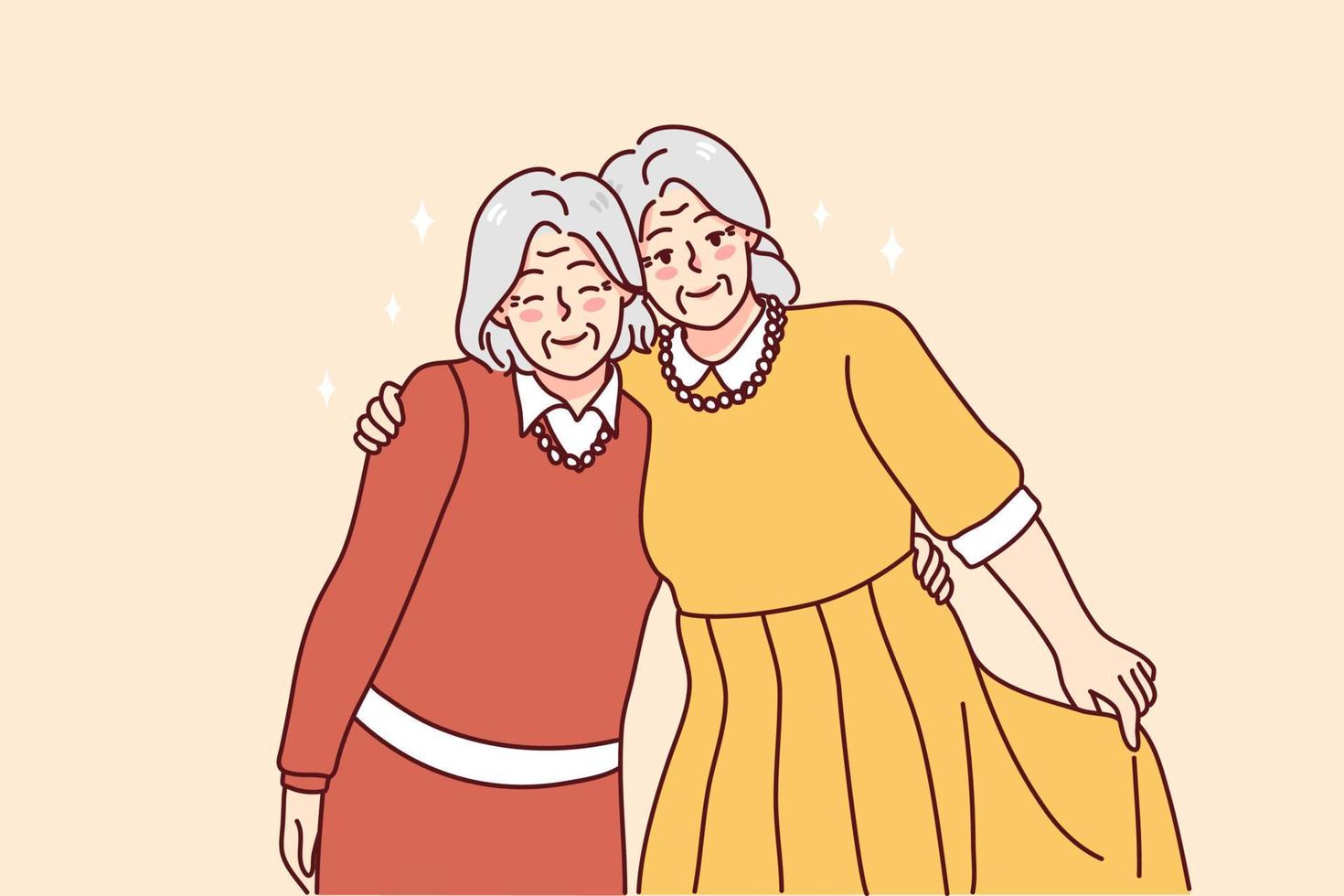 feliz maduro grisalho mulheres abraçando desfrutando vitalício amizade. sorridente idosos avós abraço mostrar unidade e amar. envelhecimento conceito. vetor ilustração.