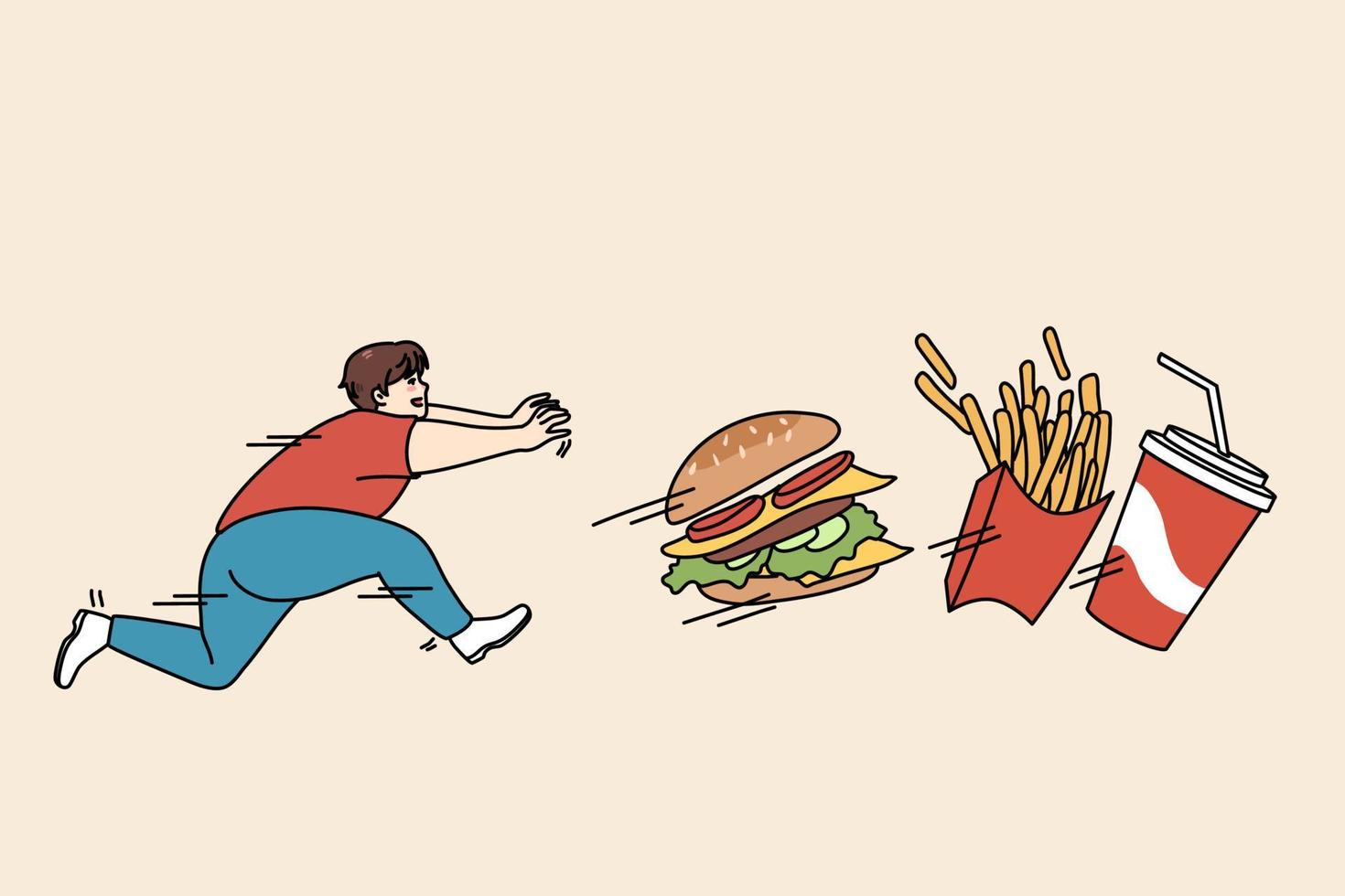 gordo cara corrida depois de velozes Comida Sofra a partir de obesidade e mau hábitos. com fome excesso de peso homem perseguir fritas e Hamburger, apreciar comendo lixo Comida. dieta e saudável estilo de vida. vetor ilustração.