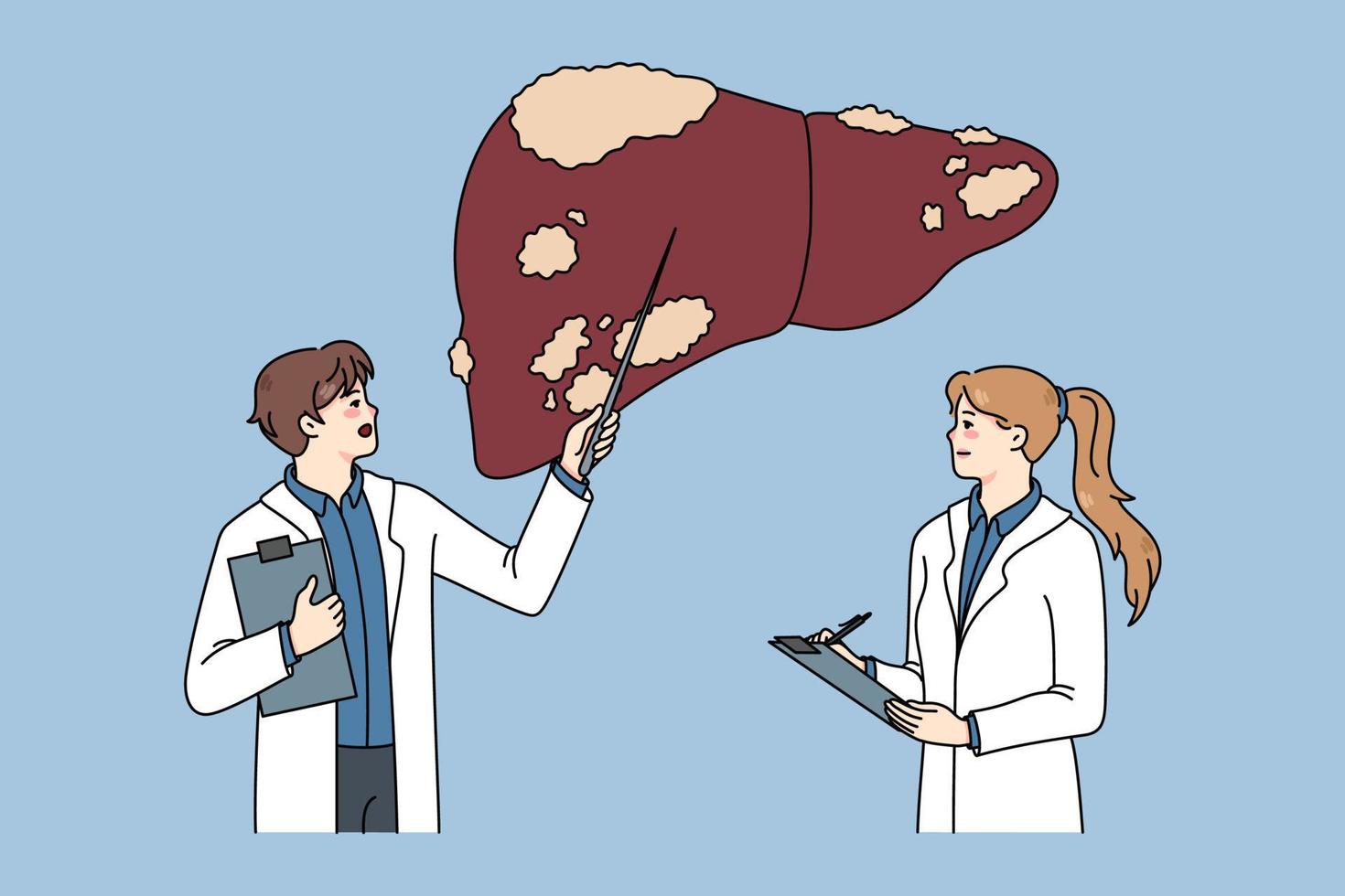 diverso médicos dentro médico uniformes examinar doente paciente fígado. terapeuta faço ultrassom corpo órgão exames. hepatologia terapia e assistência médica. plano vetor ilustração.