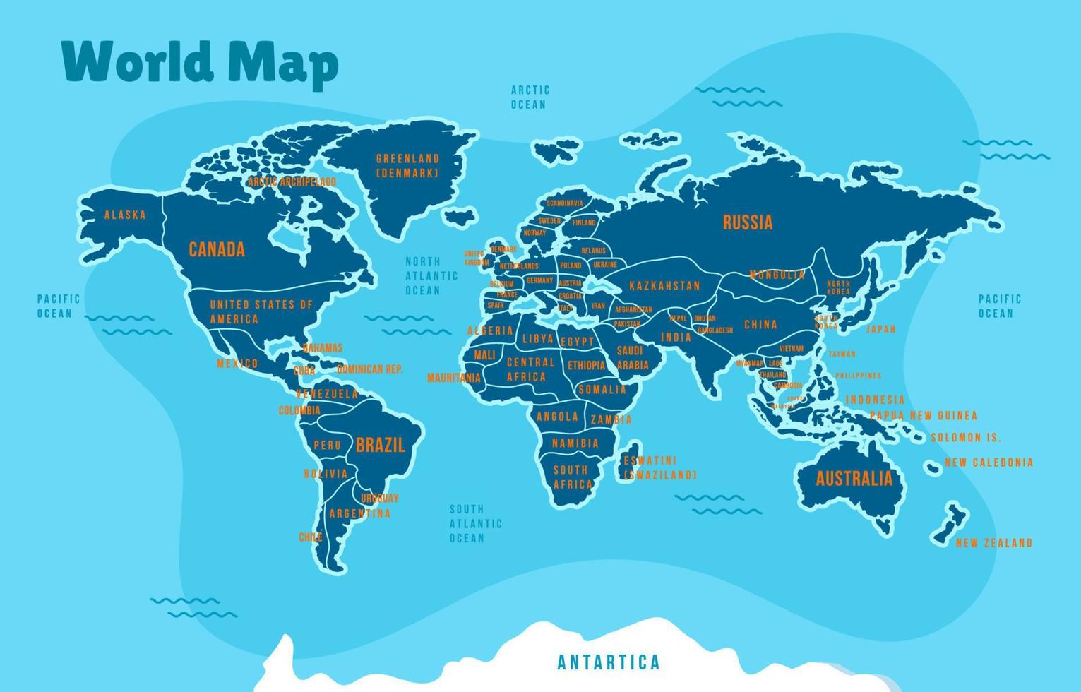 azul mundo mapa com país nomes conceito vetor