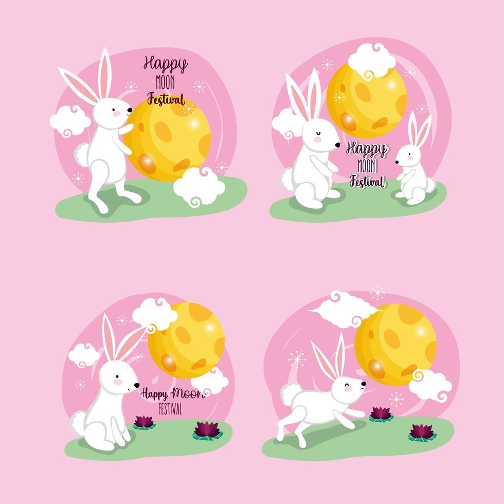 conjunto de ilustração vetorial do festival da lua feliz coelhos vetor