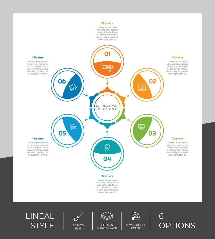 6 passos do linha infográfico vetor Projeto com círculo objeto para marketing. processo infográfico pode estar usava para apresentação e negócios.