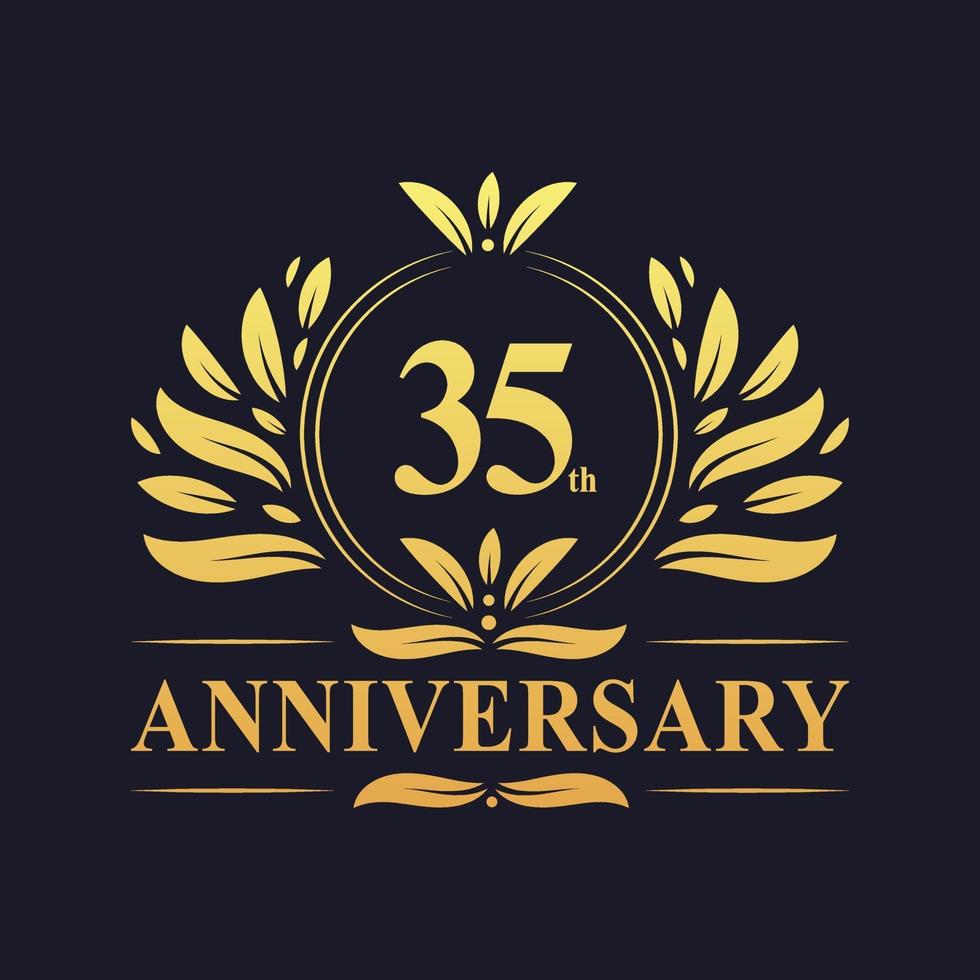Design do 35º aniversário, luxuoso logotipo do aniversário de 35 anos em cor dourada. vetor