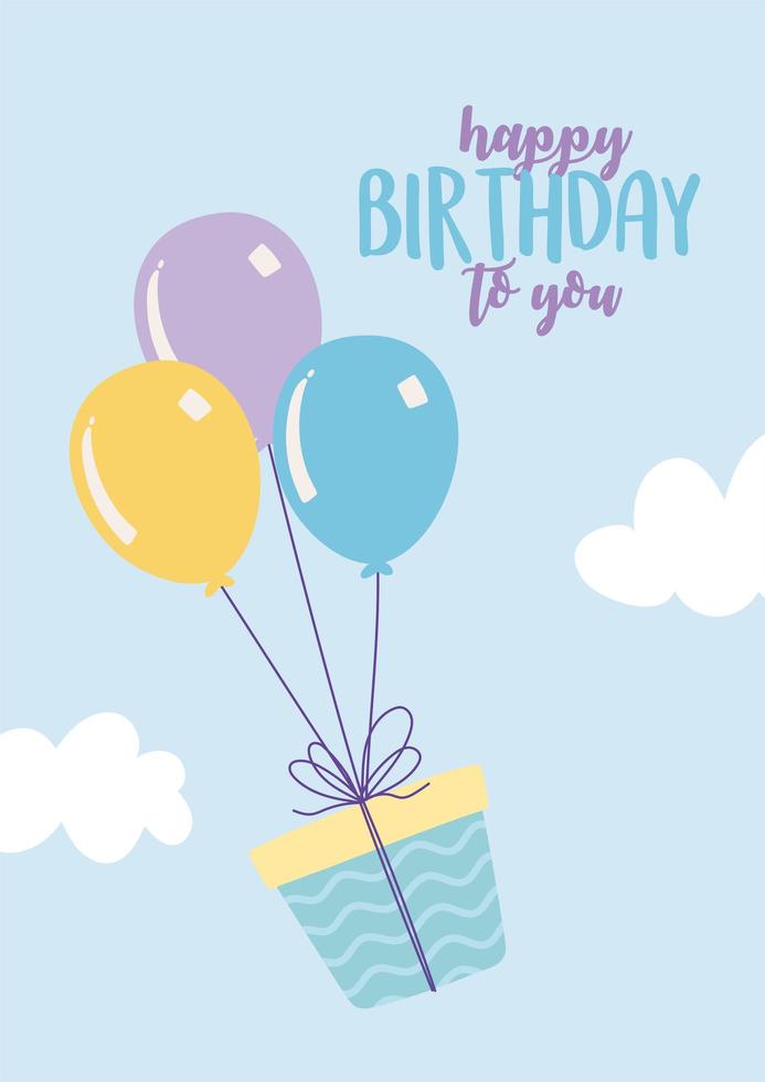 cartão de aniversário colorido com balão e caixa de presente vetor