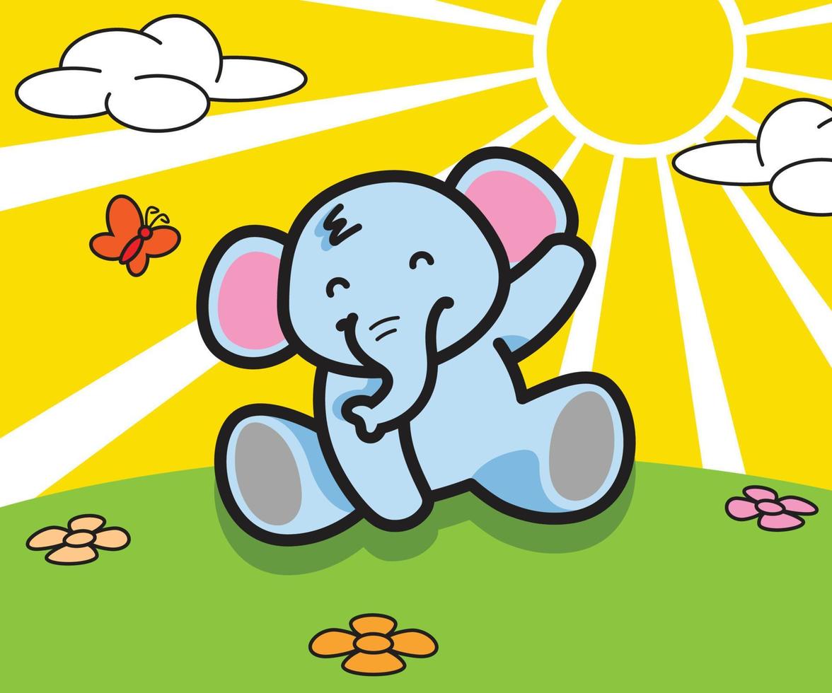 fofa azul bebê elefante acenando com Sol fundo vetor