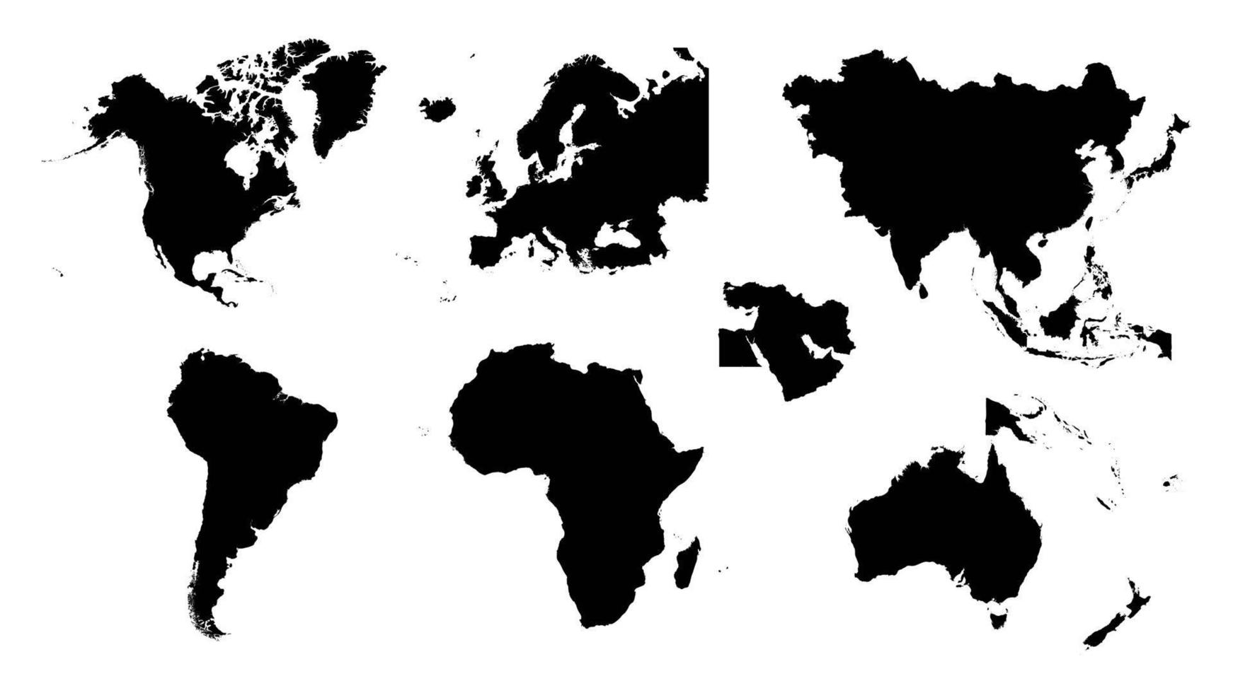 mapa mundial. conjunto de silhuetas do mapa de continentes do mundo em preto sobre fundo branco. ilustração vetorial. vetor