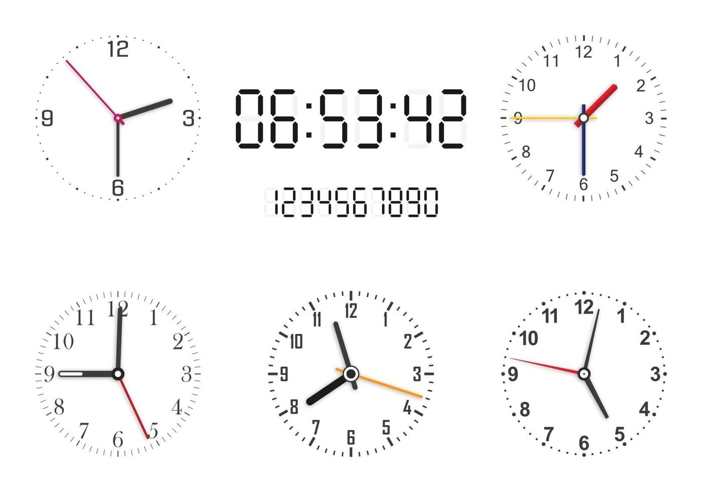 conjunto de faces do relógio analógico e digital em fundo branco. ponteiros do relógio. vetor