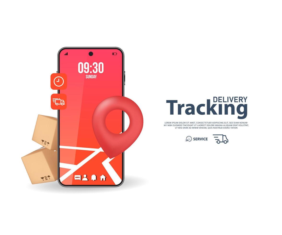 3d conectados ordem rastreamento com PIN localização mapa. velozes responder Entrega pacote Remessa em móvel. vetor ilustração