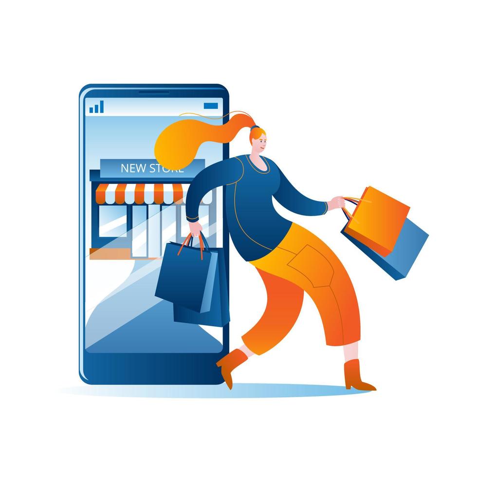 uma mulher dentro moderno roupas vem Fora com compras a partir de a conectados loja dentro uma Smartphone. vetor