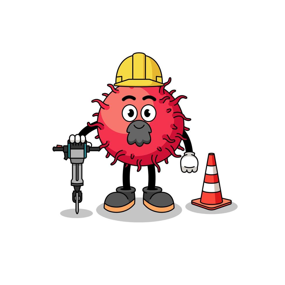 personagem desenho animado do rambutan fruta trabalhando em estrada construção vetor