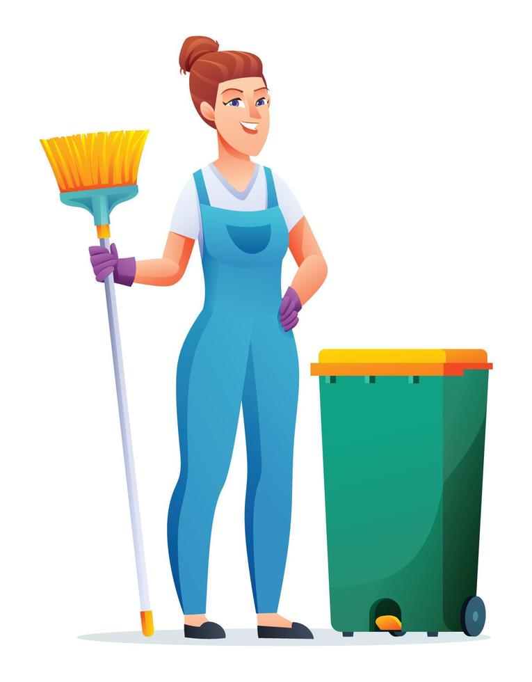 limpeza serviço mulher com vassoura e Lixo pode. fêmea zelador desenho animado personagem vetor
