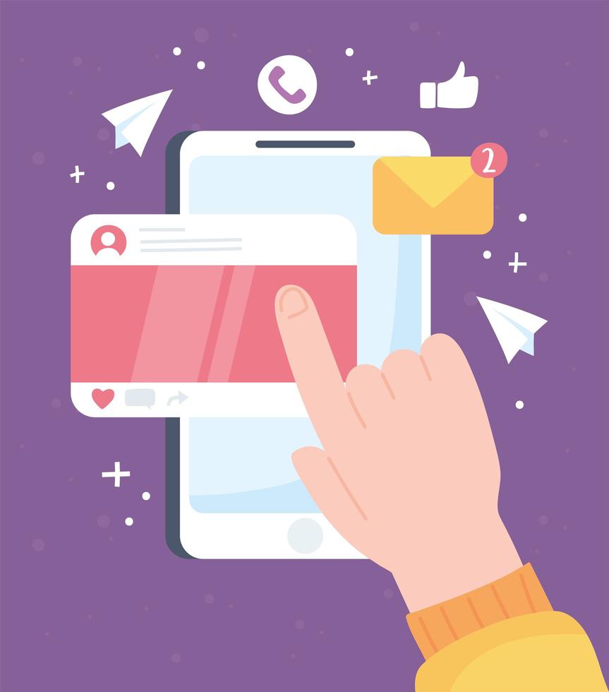 mão com smartphone, conceito de mídia social vetor