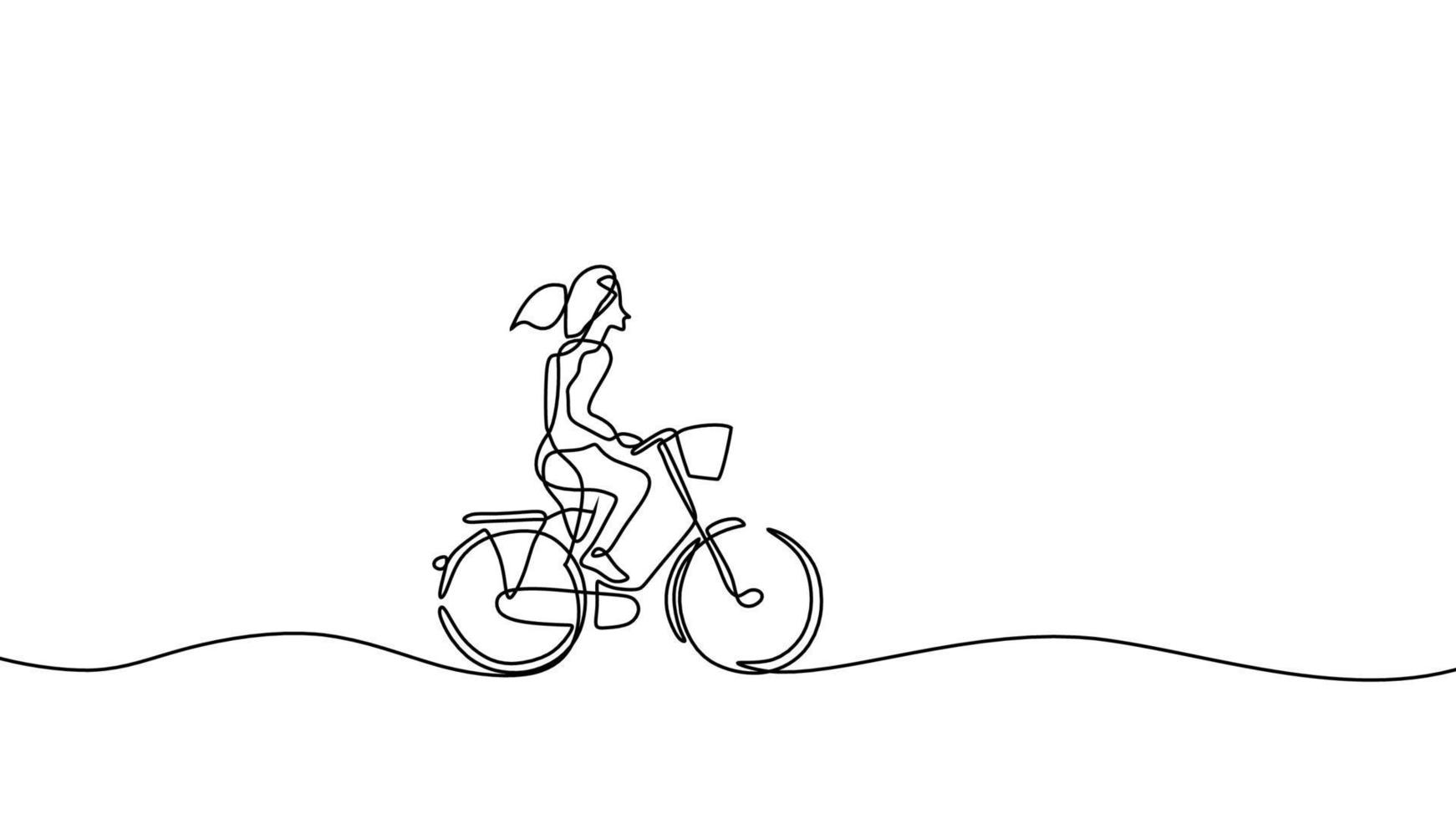 1 linha desenhando uma menina passeio uma bicicleta. bicicleta Tempo e ciclismo vetor