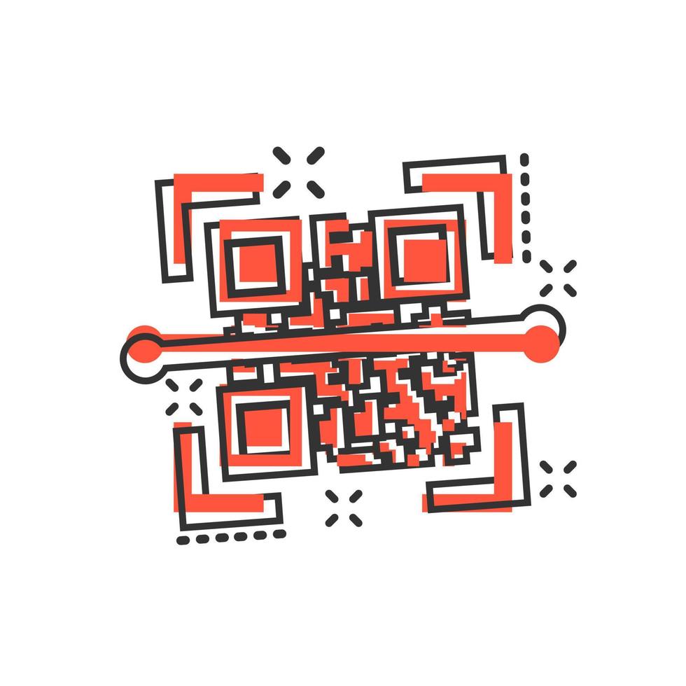 ícone de digitalização de código qr em estilo cômico. ilustração de desenho vetorial de identificação de scanner em fundo branco isolado. efeito de respingo de conceito de negócio de código de barras. vetor
