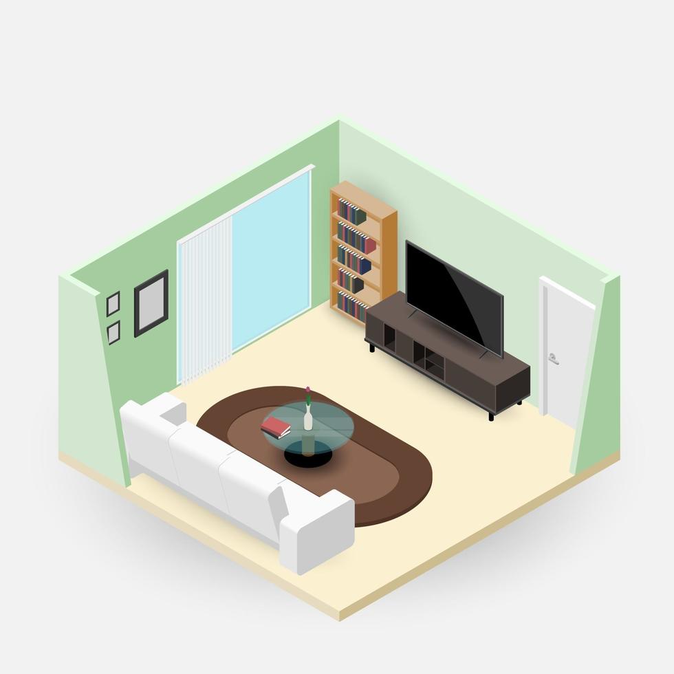 sala conceito, composição isométrica 3d com um sofá e uma tv de tela grande, uma sala de estar com vários móveis, uma janela e uma porta de design moderno. vetor