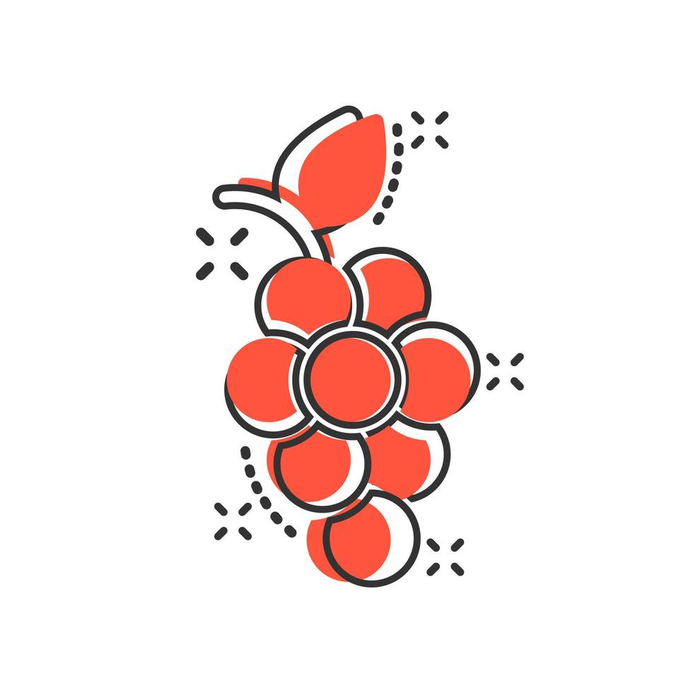 ícone de sinal de frutas de uva em estilo cômico. ilustração dos desenhos animados do vetor da videira no fundo branco isolado. efeito de respingo de conceito de negócio de uvas para vinho.