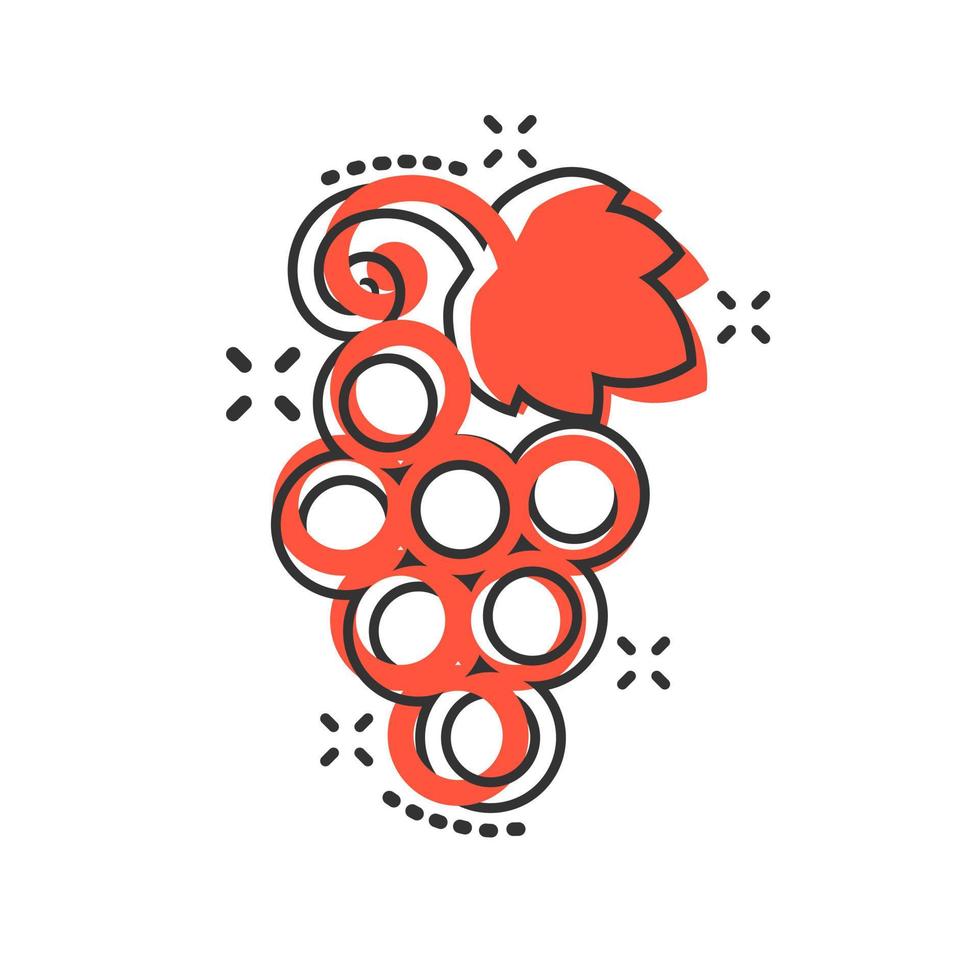 ícone de sinal de frutas de uva em estilo cômico. ilustração dos desenhos animados do vetor da videira no fundo branco isolado. efeito de respingo de conceito de negócio de uvas para vinho.