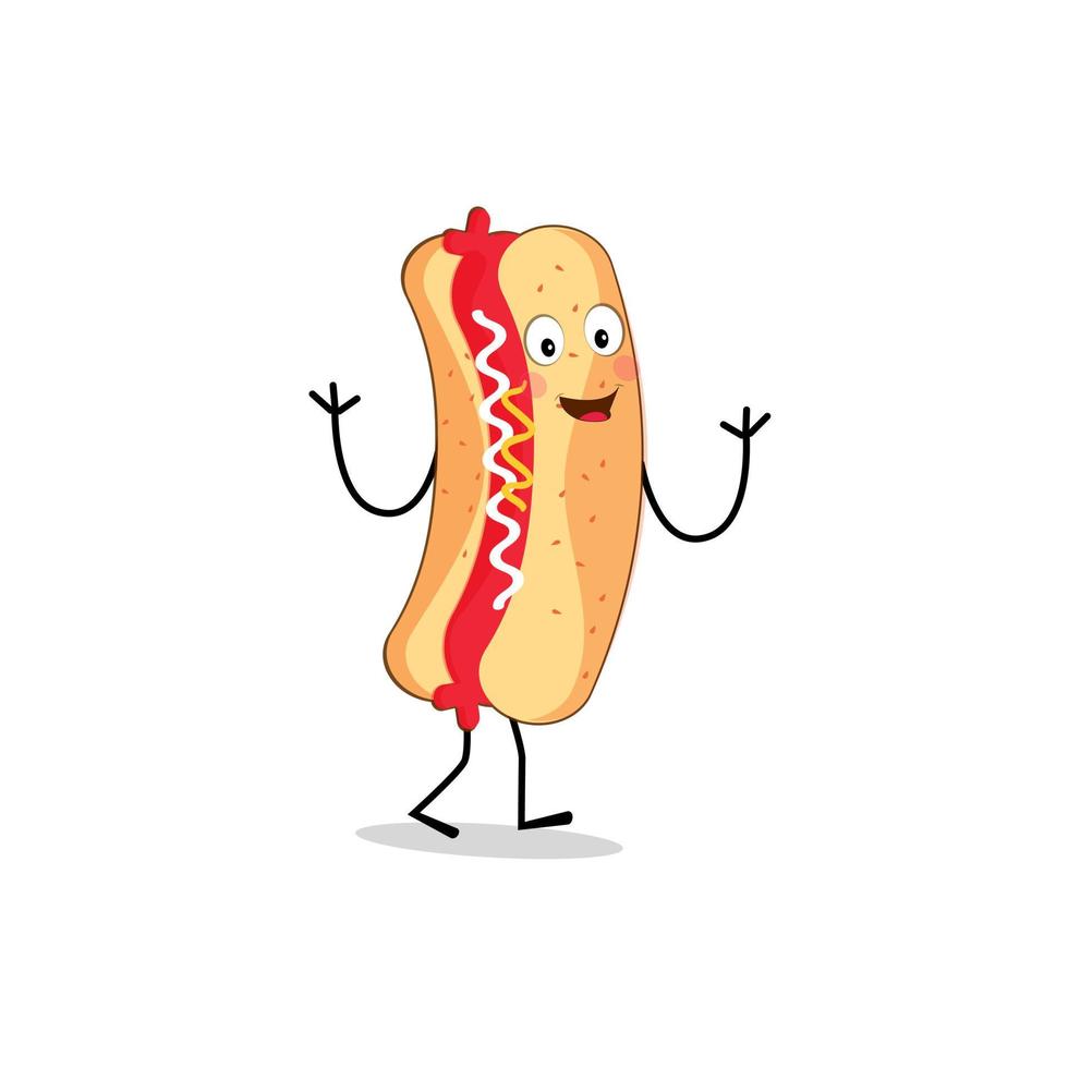 quente cachorro desenho animado mascote personagem. Comida conceito. cartazes, menus, brochuras, rede, e ícone velozes Comida. ilustração velozes Comida. engraçado quente cachorro, salsicha, frankfurter personagem com olhos, pernas. vetor