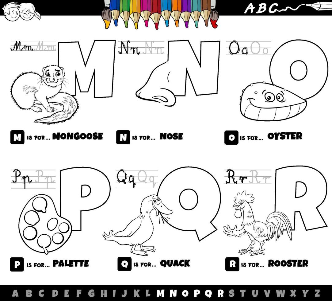 letras do alfabeto de desenhos animados educacionais definidas de ma r página do livro de cores vetor