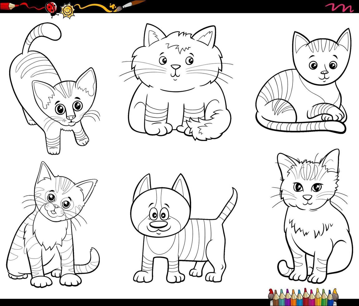 desenhos animados gatos personagens animais definir página de livro para colorir vetor