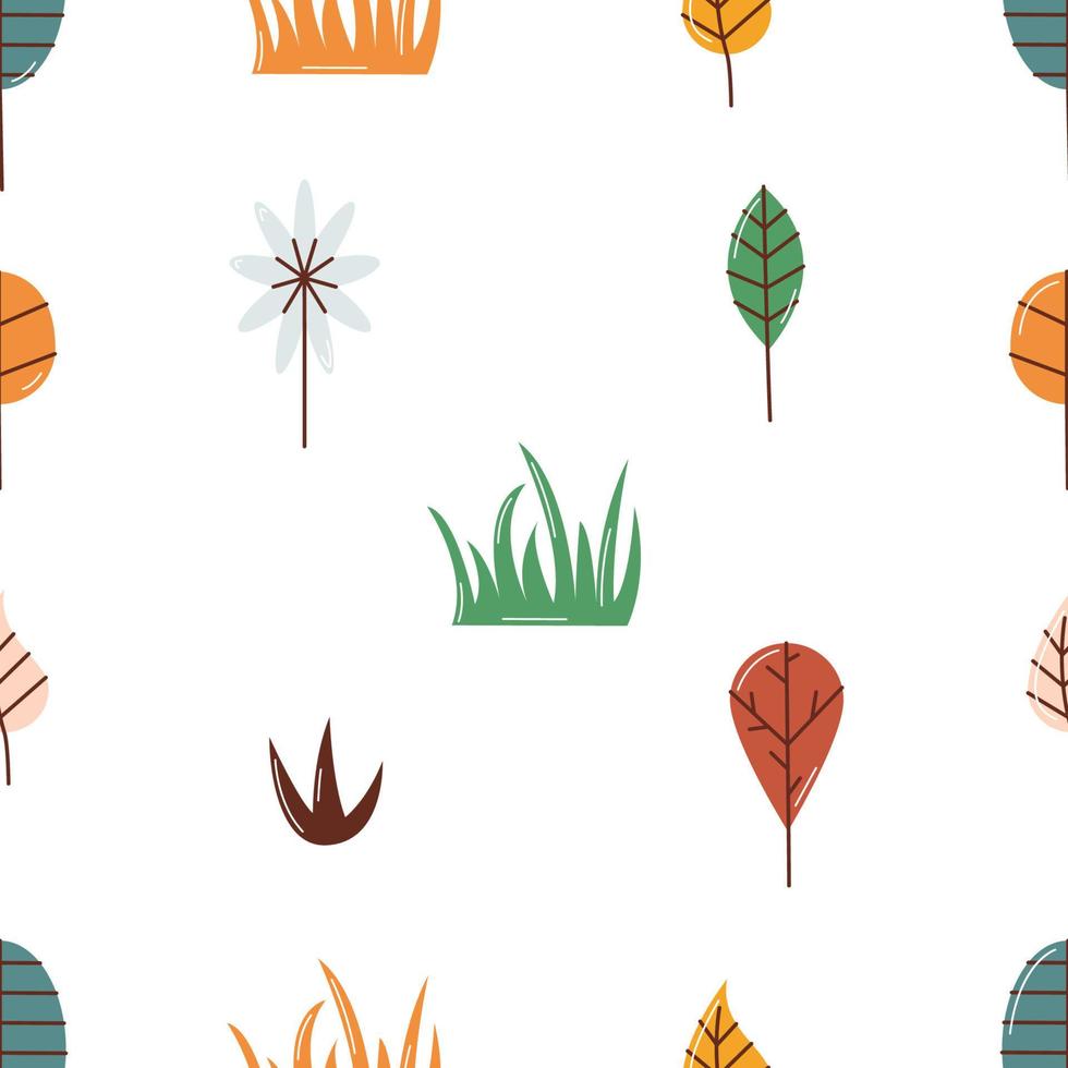 fofa outono folhagem desatado padronizar. outono colorida folhas sem fim textura. engraçado rabisco folha repetir impressão para crianças tecido, invólucro papel, papel de parede, cobrir. vetor plano ilustração