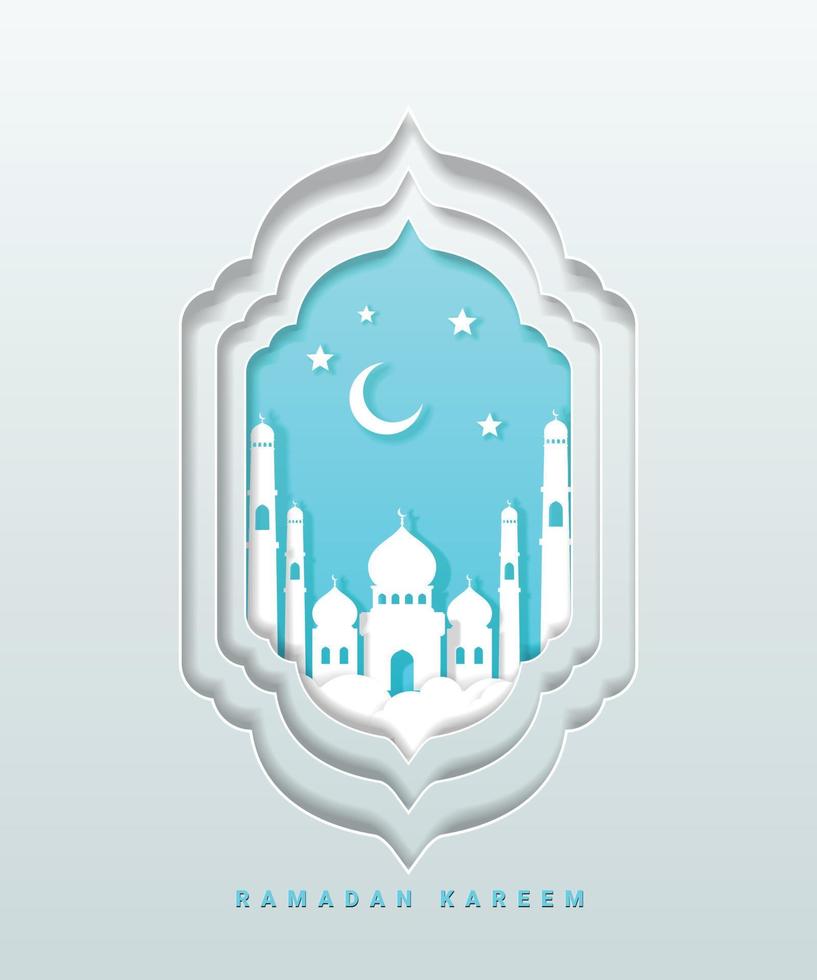 Ramadã kareem cumprimento cartão com 3d papel cortar mesquita e janelas vetor