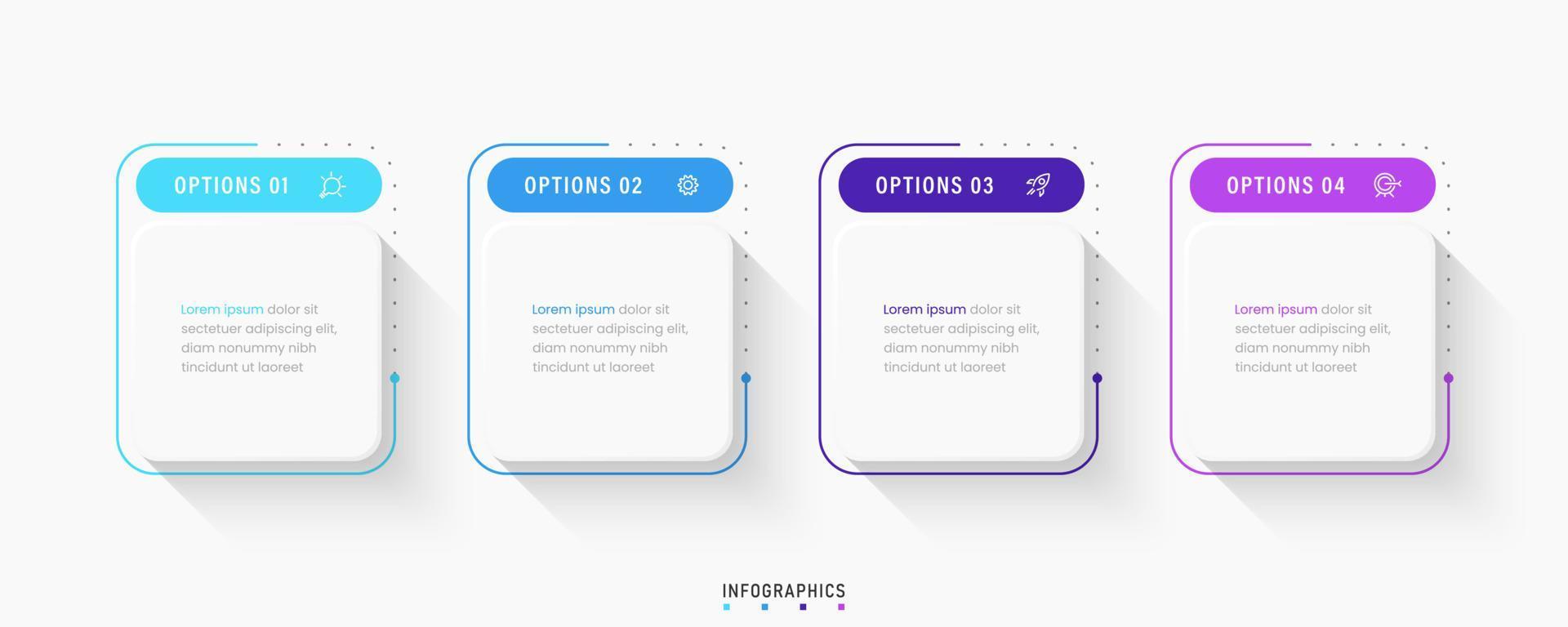 modelo de design de rótulo infográfico vetorial com ícones e 4 opções ou etapas. pode ser usado para diagrama de processo, apresentações, layout de fluxo de trabalho, banner, fluxograma, gráfico de informações. vetor