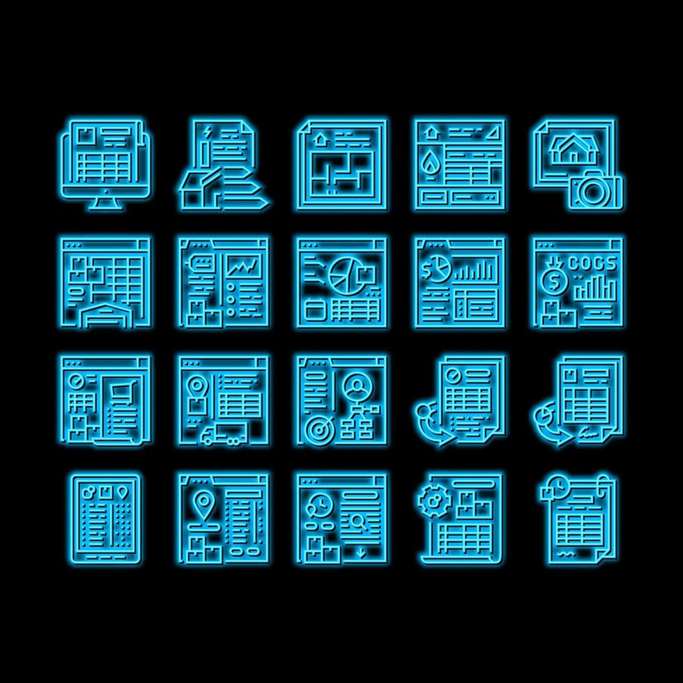 inventário analytics e relatório néon brilho ícone ilustração vetor