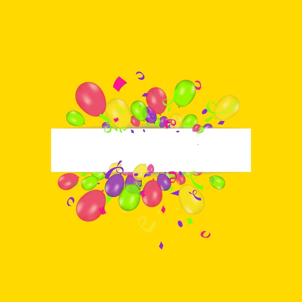 banner em branco com balões coloridos e confetes. fundo festivo do vetor. conceito de feliz aniversário vetor