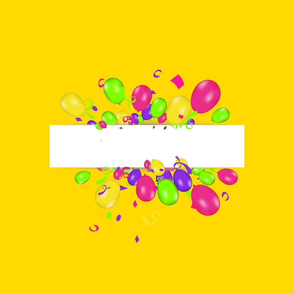 banner em branco com balões coloridos e confetes. fundo festivo do vetor. conceito de feliz aniversário vetor