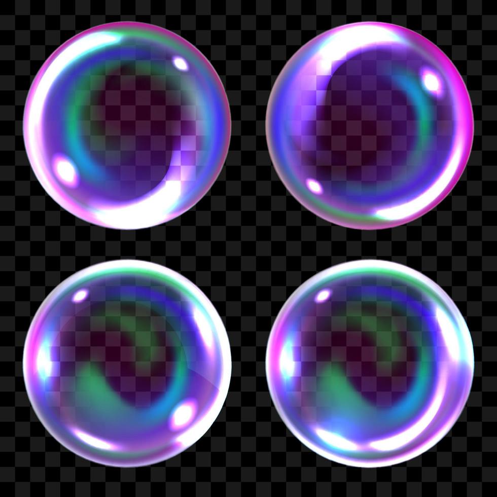 bolhas de sabão, esferas de ar transparentes realistas de cores do arco-íris com reflexos e conjuntos de destaques vetor