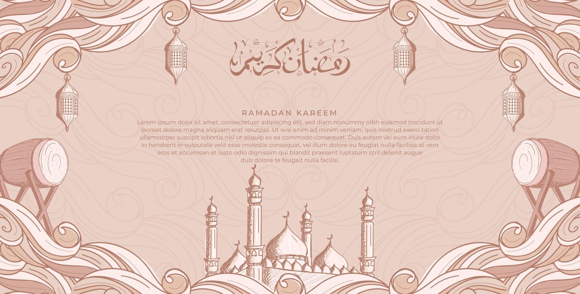 Ramadan Kareem com mesquita islâmica desenhada à mão e fundo de ilustração de lanterna vetor
