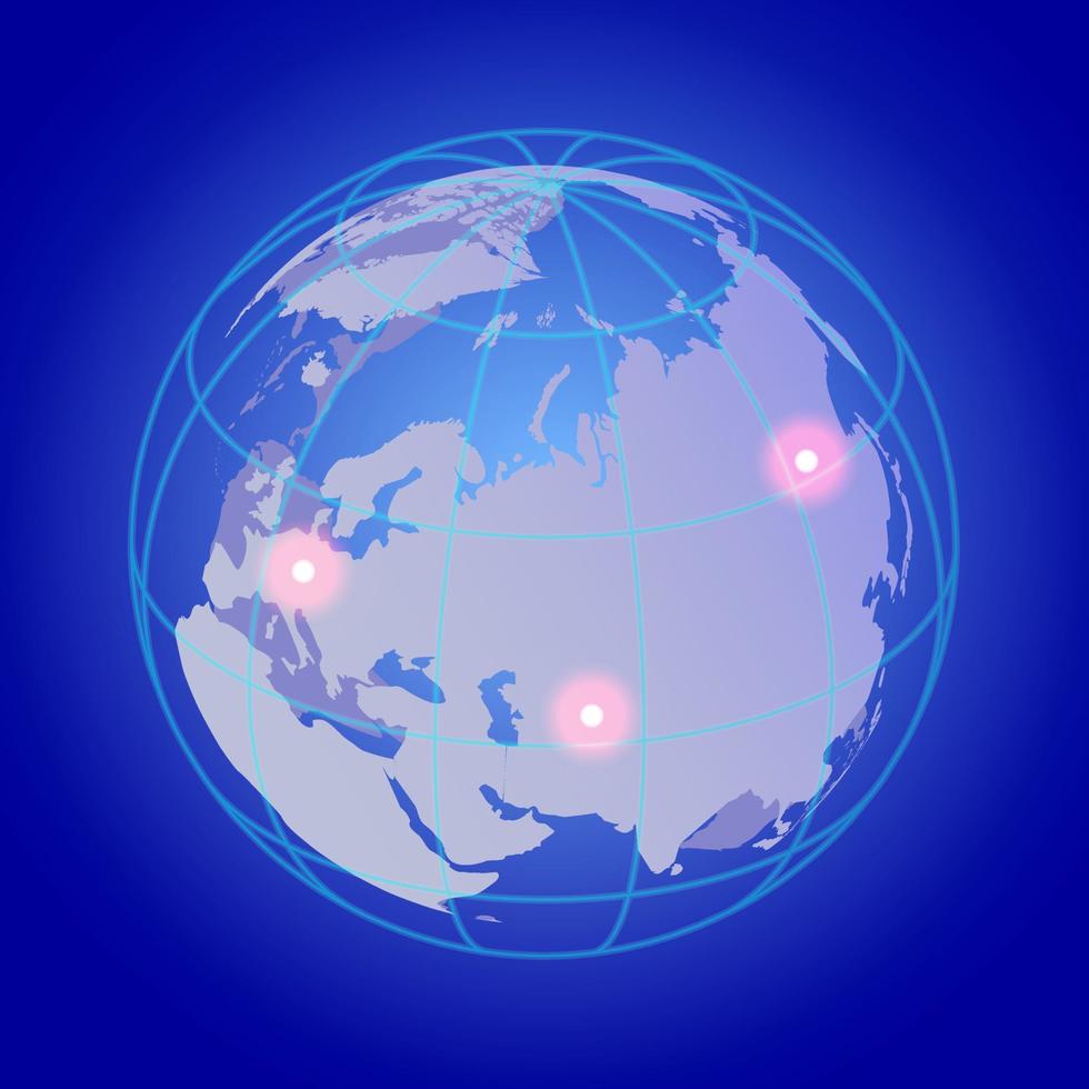 néon brilhando isométrico globo em uma azul fundo com vermelho brilhando pontos. terra. vetor ilustração