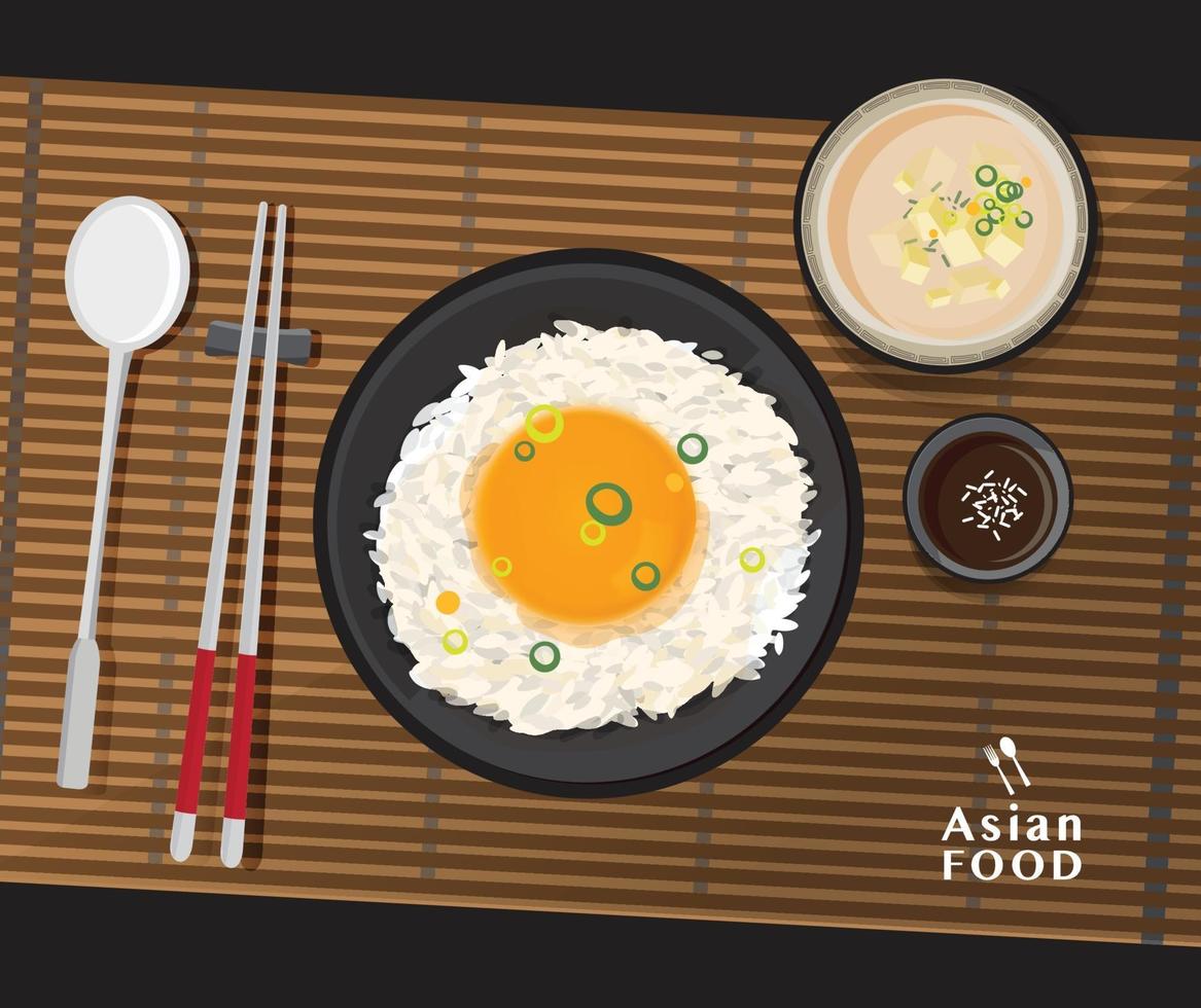delicioso tamago kake gohan, arroz com ovo cru e sopa de missô com tofu, ilustração vetorial vetor