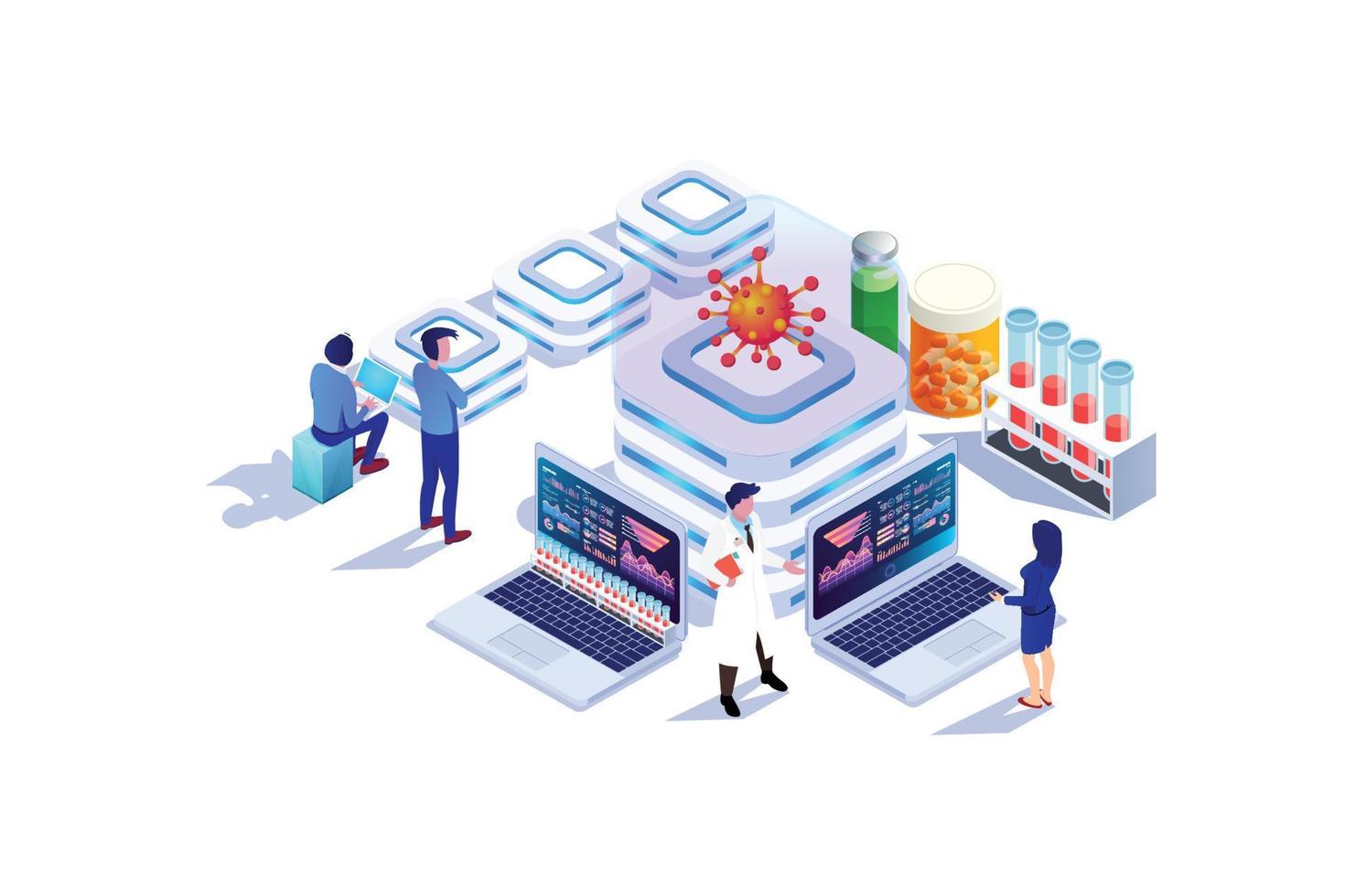 isométrico moderno covid-19 vacina médico pesquisa ilustração, rede bandeira, adequado para diagramas, infográficos, livro ilustrações, jogos ativos, e de outros gráfico relacionado ativos vetor